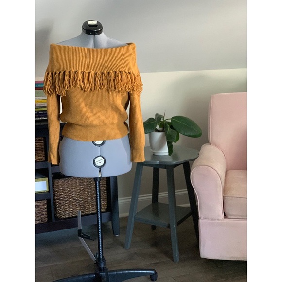 Mustard Off Shoulder Fringe Sweater - Picture 2 of 4